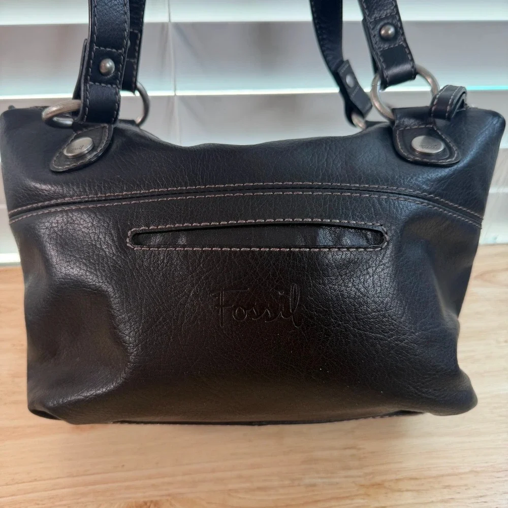 VTG 1954 Fossil Long Live Black Faux Leather Zip Double Handle Satchel Handbag